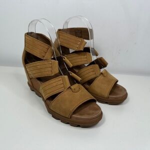 Sorel Womens Joanie Casual Sandals Size 7.5 Tan Leather Lace Up Wedge Platform